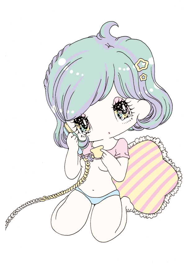 sekiya yurie, original, 1girl, aqua hair, bob cut, breasts, convenient censoring, corded phone, eyelashes, eyeshadow, hair ornament, makeup, multicolored eyes, phone, short hair, sitting, solo, sparkling eyes