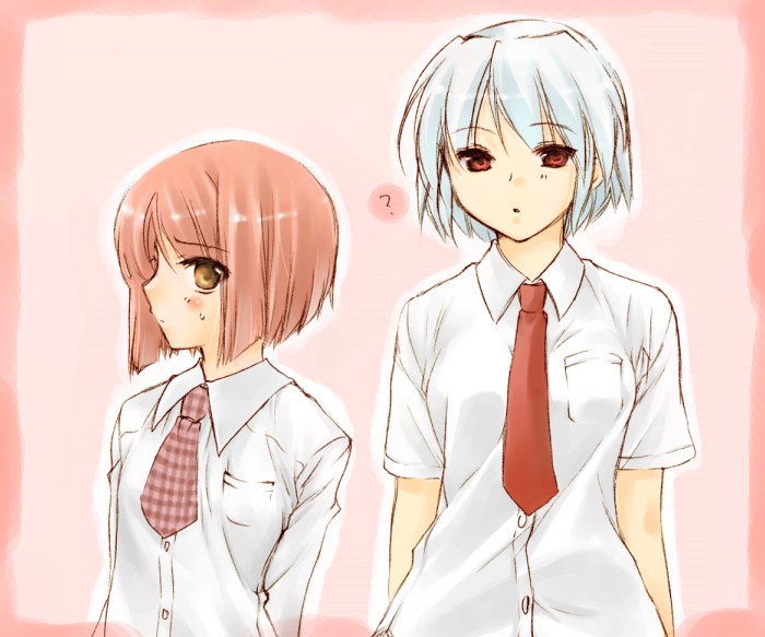 kanae funwa, akino momiji, kotonomiya yuki, sakura musubi, suigetsu, plaid neckwear, 2girls, ?, blue hair, blush, breast pocket, brown eyes, dress shirt, multiple girls, necktie, plaid clothes, plaid necktie, pocket, red eyes, red hair, red necktie, shirt, short hair, short sleeves, sweatdrop, white shirt