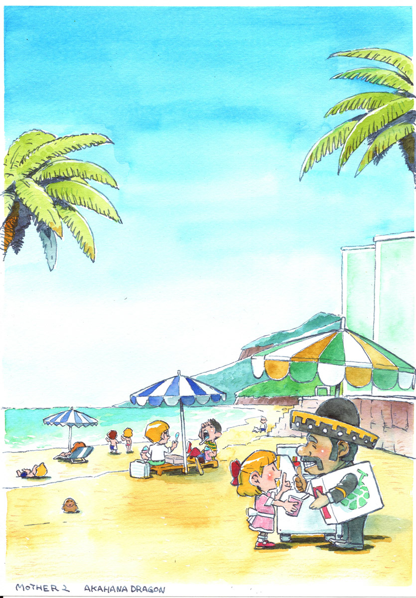 akahanadragon, jeff andonuts, ness (mother 2), paula (mother 2), mother (series), mother 2, nintendo, commentary, highres, nib pen (medium), pen (medium), traditional media, 3girls, 6+boys, artist name, beach, beach chair, beach umbrella, black hair, black hat, black pants, black shoes, blonde hair, blue sky, bow, closed eyes, copyright name, cup, dark-skinned male, dark skin, disposable cup, dress, facial hair, food, food in mouth, food stand, glasses, green pants, grin, hair bow, hat, holding, holding cup, holding food, holding ice cream, holding spoon, horizon, ice cream, ice cream cup, ice cream spoon, ice cream stand, lying, multiple boys, multiple girls, mustache, ocean, on back, open mouth, outdoors, palm tree, pants, pink dress, red bow, red shoes, shirt, shoes, short hair, sitting, sky, smile, solid oval eyes, sombrero, spoon, standing, striped clothes, striped shirt, thumbs up, tree, umbrella, utensil in mouth, white shirt