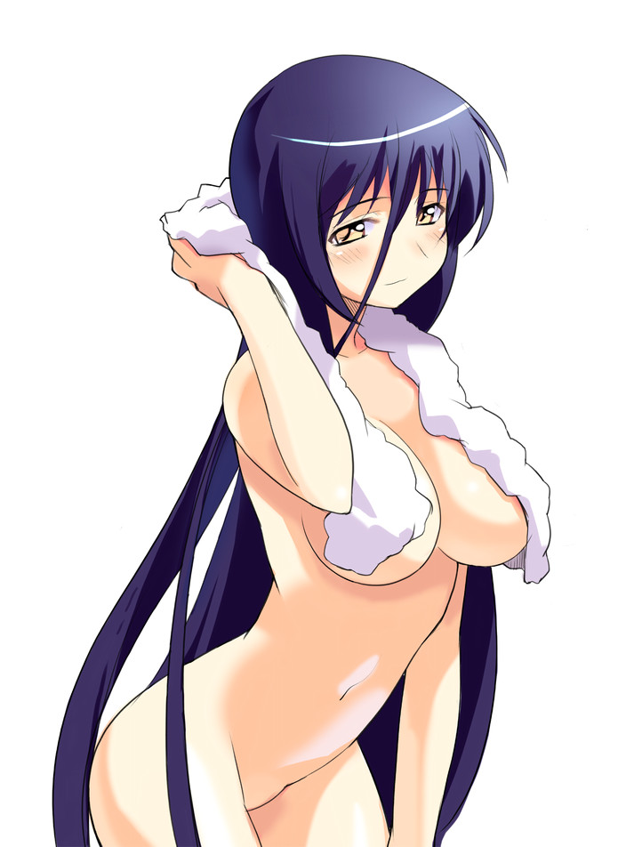 sikorsky, 1girl, blue hair, blush, breasts, covering privates, cowboy shot, female focus, hair between eyes, long hair, no bra, nude, nude cover, simple background, solo, towel, towel around neck, very long hair, white background, yellow eyes