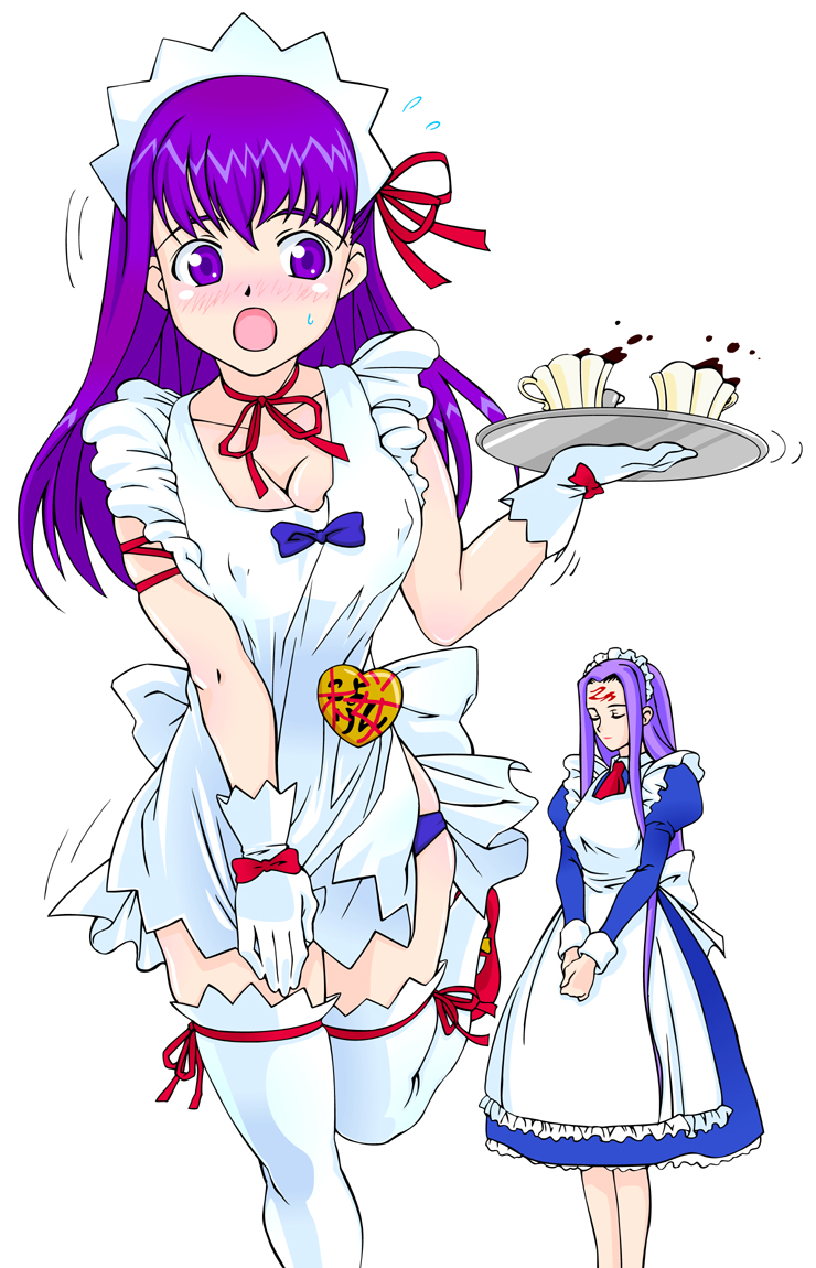 yamaguchi homupe, kokubunji koyori, matou sakura, medusa (fate), medusa (rider) (fate), fate/stay night, fate (series), hanaukyou maid tai, nurse witch komugi-chan, 2girls, apron, blush, breasts, closed eyes, cosplay, dress, facial mark, forehead mark, gloves, kokubunji koyori (cosplay), large breasts, long dress, long hair, long skirt, maid, maid apron, multiple girls, naked apron, open mouth, simple background, skirt, thighhighs, waitress, white background