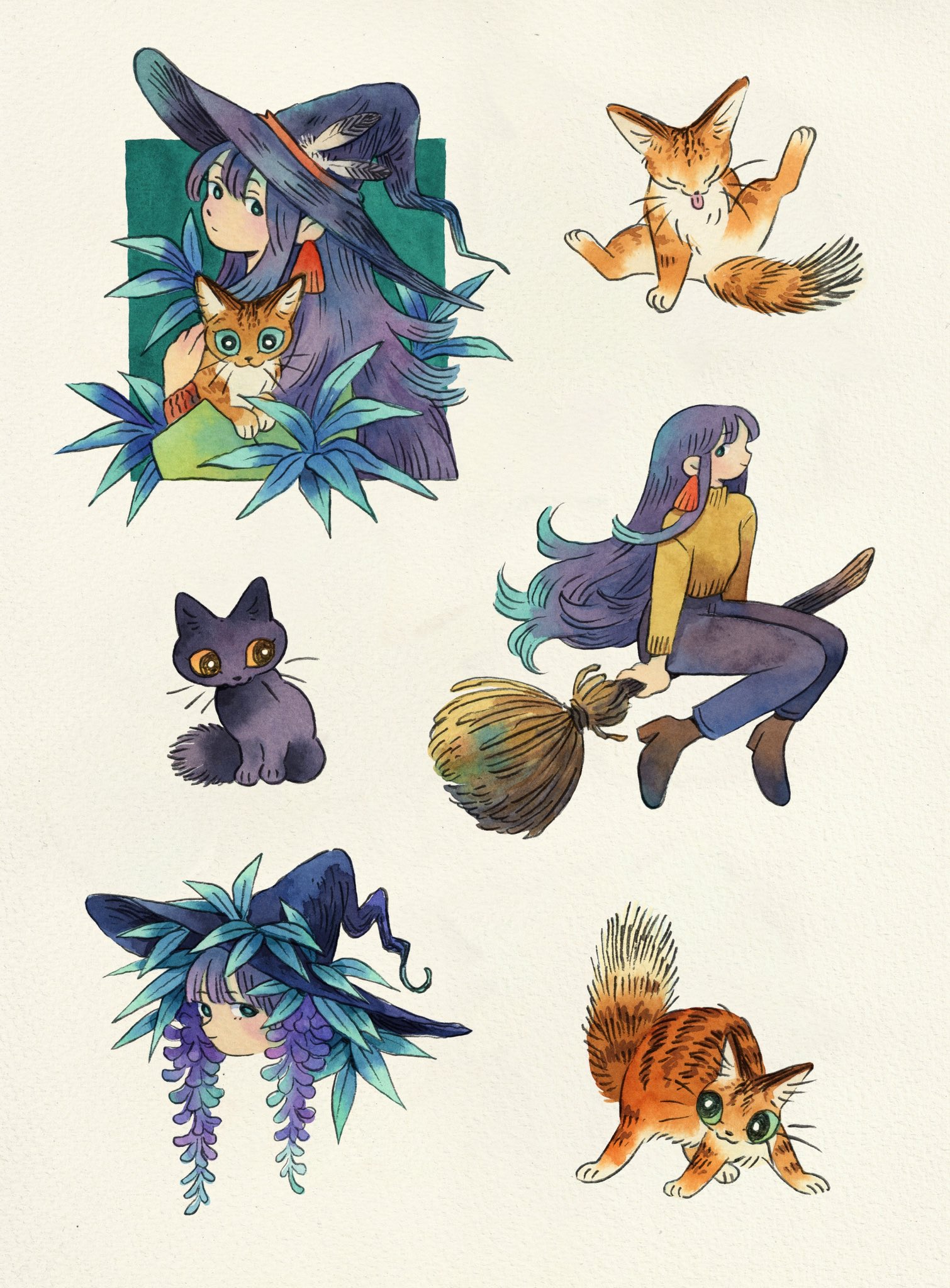 heikala, original, commentary, english commentary, highres, 1girl, animal, black cat, black eyes, blue hair, blue sclera, broom, broom riding, cat, cloak, closed mouth, collage, colored sclera, colored tips, cropped head, cropped torso, earrings, expressionless, feathers, flower, full body, green background, green cloak, green pupils, green sclera, grey feathers, hat, hat feather, holding, holding animal, holding cat, jewelry, leaf, long hair, looking at viewer, multicolored hair, multiple girls, multiple views, orange cat, orange ribbon, orange sclera, orange sweater, plant, purple flower, purple hair, ribbon, simple background, sitting, smile, square, sweater, tassel, tassel earrings, tongue, tongue out, white background, wisteria, witch, witch hat, yellow sweater