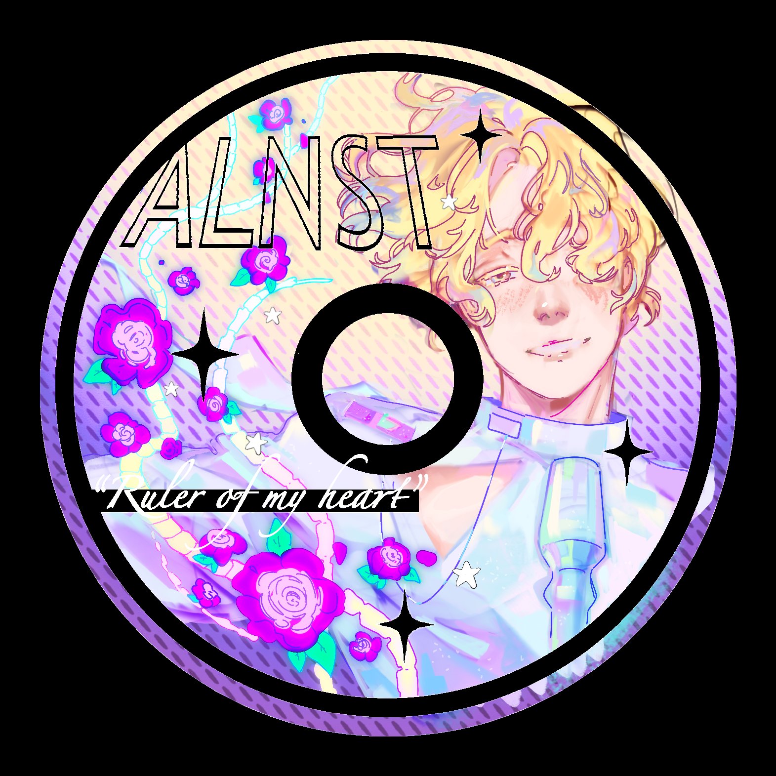 luka (alien stage), alien stage, commentary, hashtag-only commentary, highres, akinikaww, blonde hair, cd, clothing cutout, copyright name, english text, flower, purple flower, shirt, short hair, solo, song name, very short hair, white shirt