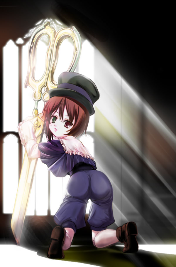 q-gaku, souseiseki, rozen maiden, 00s, 1girl, ass, brown hair, doll joints, female focus, from behind, green eyes, hat, heterochromia, indoors, joints, kneeling, leaning, light rays, looking back, red eyes, scissors, shoes, short hair, solo, sunbeam, sunlight, top hat, window