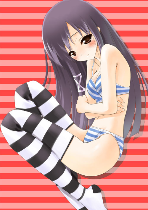 saeki touma, sera karen, sakura musubi, artist request, 1girl, blush, bra, breasts, brown eyes, female focus, grey hair, lingerie, long hair, panties, side-tie panties, solo, striped bra, striped clothes, striped panties, striped thighhighs, thighhighs, underwear, underwear only