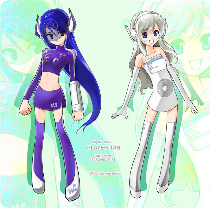 shirotsumekusa, apple inc., sony, 2girls, clenched hands, crop top, digital media player, digital walkman, elbow gloves, gloves, headgear, ipod, long hair, midriff, multiple girls, navel, open mouth, personification, product girl, smile, thighhighs, zoom layer
