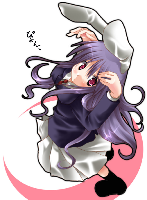 utsurogi angu, reisen udongein inaba, touhou, black legwear, 1girl, animal ears, blazer, blush, breasts, caramelldansen, covered erect nipples, crescent, dress shirt, female focus, from above, full body, jacket, long hair, looking at viewer, looking up, medium breasts, miniskirt, necktie, pleated skirt, purple eyes, rabbit ears, shirt, shoes, sidelocks, simple background, skirt, solo, very long hair, white background