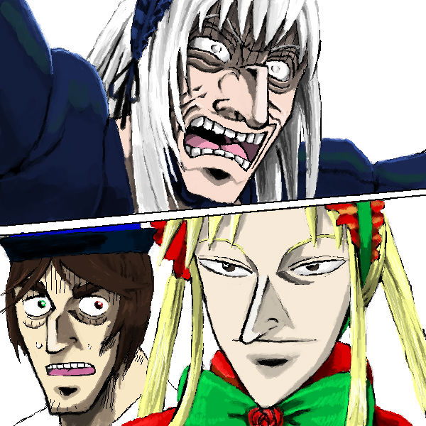 nangou, akagi shigeru, ichikawa (akagi), nangou (akagi), shinku, souseiseki, suigintou, akagi, akagi: yami ni oritatta tensai, fukumoto mahjong, rozen maiden, silver hair, 3girls, blonde hair, brown hair, facial hair, goatee stubble, heterochromia, man face, multiple girls, parody, shaded face, stubble, sweatdrop