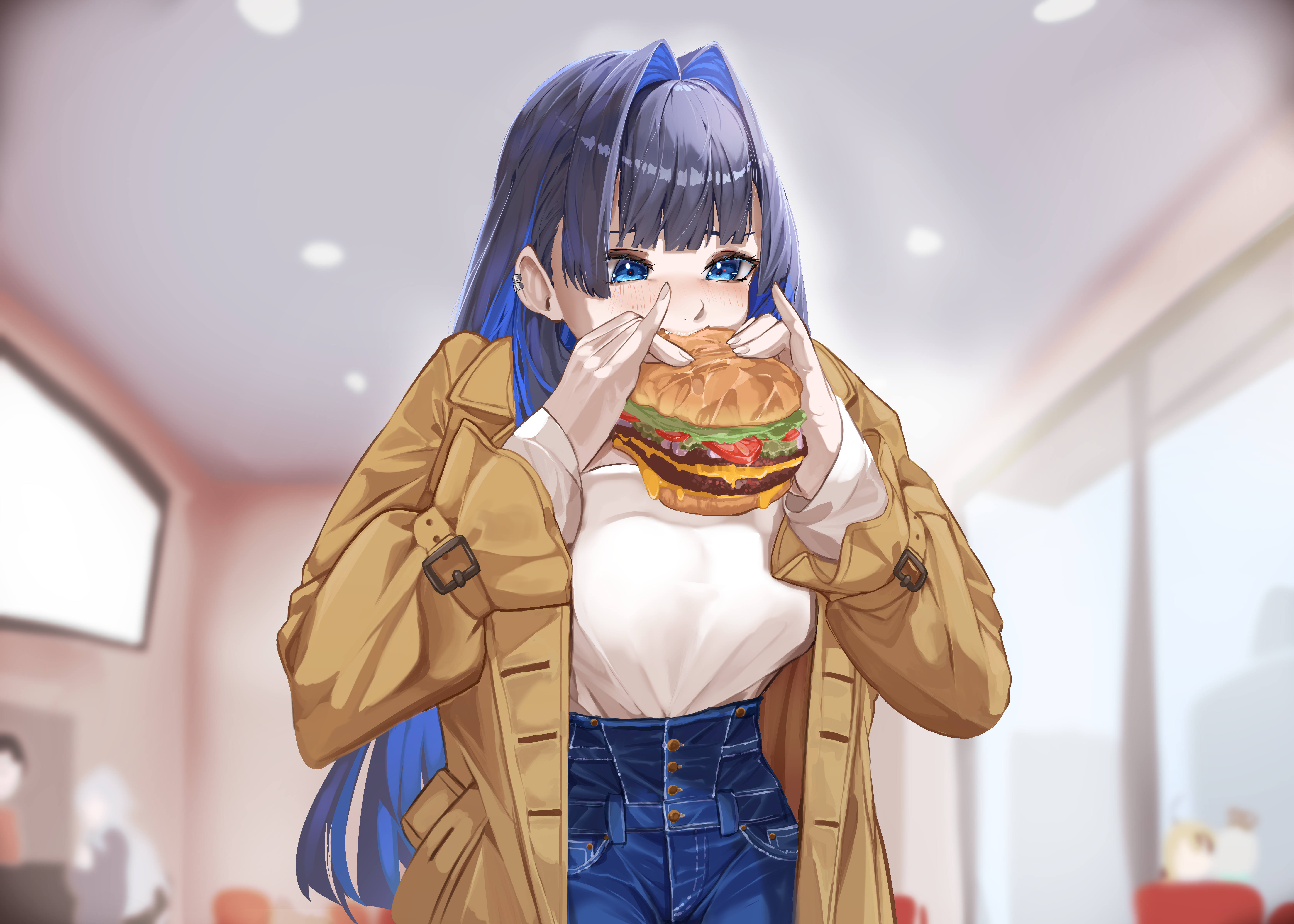 daaku (koizumi arata), cecilia immergreen, gigi murin, koseki bijou, nerissa ravencroft, ouro kronii, ouro kronii (casual), hololive, hololive english, absurdres, highres, 1other, 4girls, black hair, blue eyes, blue hair, blue pants, blurry, blurry background, bread, brown coat, burger, cheese, coat, colored inner hair, denim, eating, food, hair intakes, high-waist pants, holding, holding burger, holding food, jeans, lettuce, long hair, meat, multicolored hair, multiple girls, official alternate costume, pants, solo focus, sweater, sweater tucked in, tomato, tomato slice, trench coat, virtual youtuber, white sweater