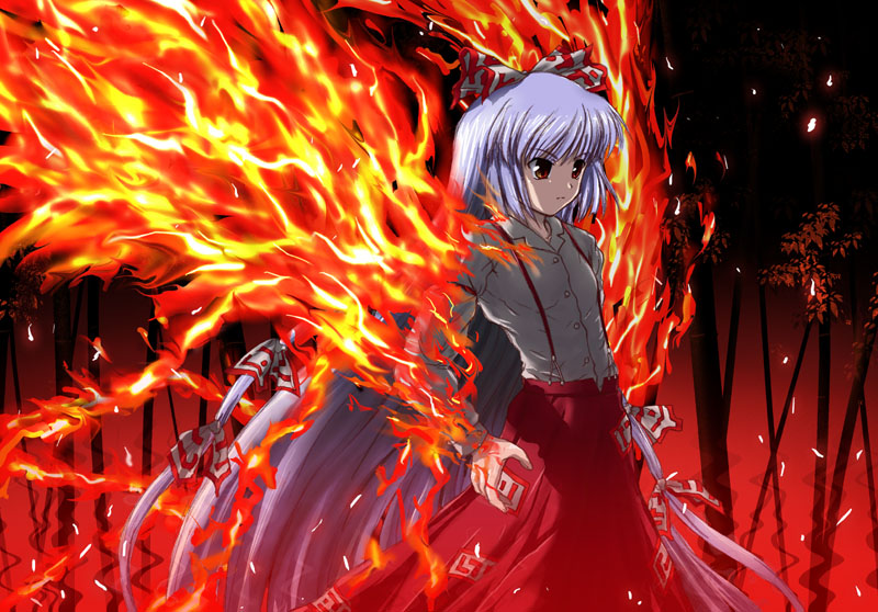 tsuyadashi shuuji, fujiwara no mokou, touhou, silver hair, 1girl, albino, bamboo, bamboo forest, bow, buttons, collared shirt, female focus, fiery wings, fire, forest, hair between eyes, hair bow, hair ribbon, long hair, long sleeves, nature, red background, red eyes, red theme, ribbon, shirt, solo, suspenders, tress ribbon, wings