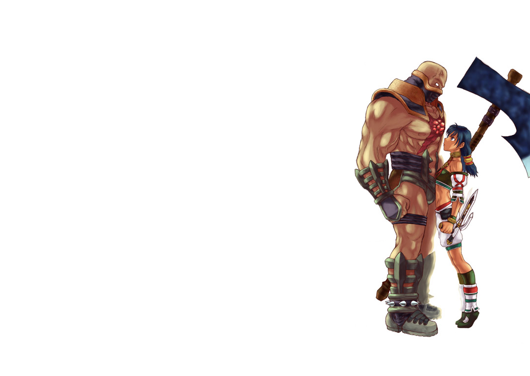 itou yuuji, astaroth (soulcalibur), talim, soul calibur, soulcalibur, soulcalibur ii, 1boy, 1girl, arm guards, axe, bald, bladed tonfa, blue hair, copyright name, dark skin, detached sleeves, eye contact, halterneck, height difference, huge weapon, leg warmers, looking at another, looking down, looking up, mask, midriff, muscular, no pupils, profile, shorts, simple background, strapless, tiptoes, tonfa, tube top, weapon