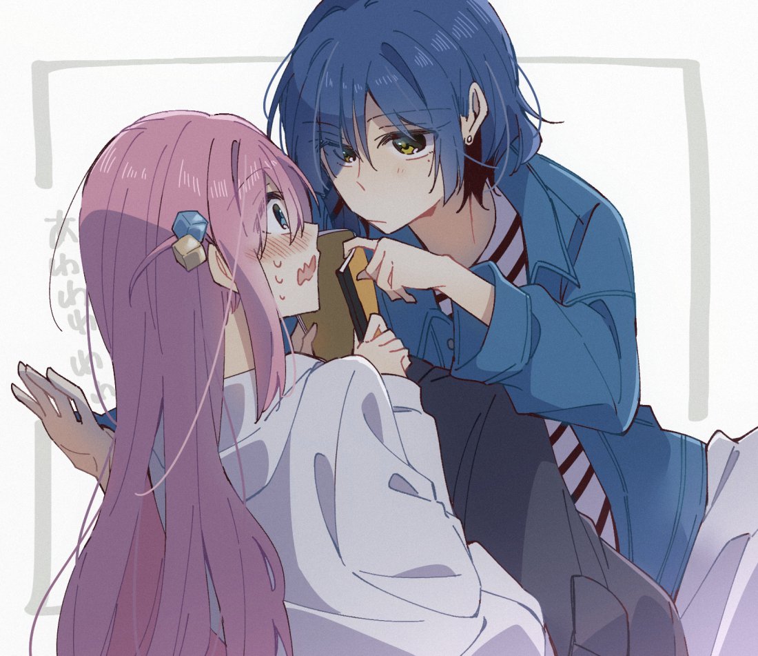 yuuta (monochrome), gotoh hitori, yamada ryo, bocchi the rock!, 2girls, alternate costume, black pants, blue eyes, blue hair, blush, border, cube hair ornament, earrings, embarrassed, face-to-face, grey border, hair ornament, jewelry, long hair, multiple girls, open clothes, open shirt, pants, pink hair, shirt, shirt under shirt, short hair, side ahoge, simple background, striped clothes, striped shirt, sweatdrop, sweater, white background, white sweater, yellow eyes, yuri