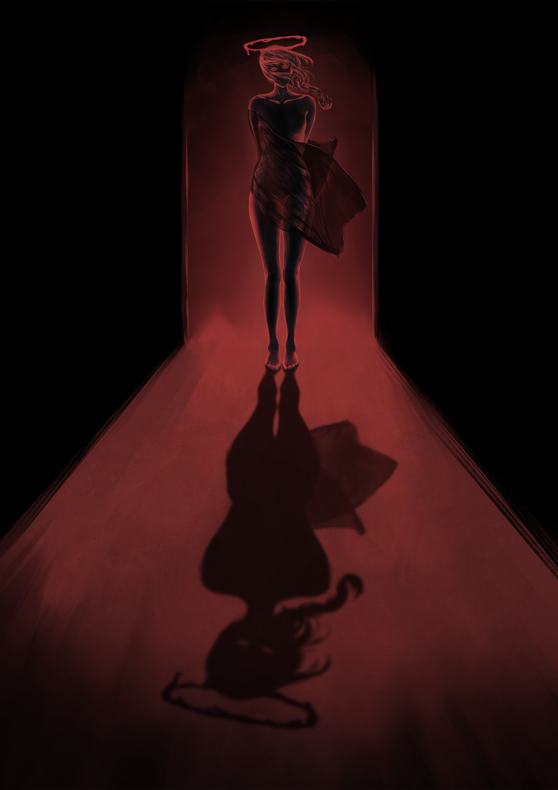 makima (chainsaw man), chainsaw man, absurdres, highres, 1girl, aanryus, barefoot, breasts, halo, horror (theme), long hair, red eyes, red hair, red halo, shadow, small breasts, solo, standing