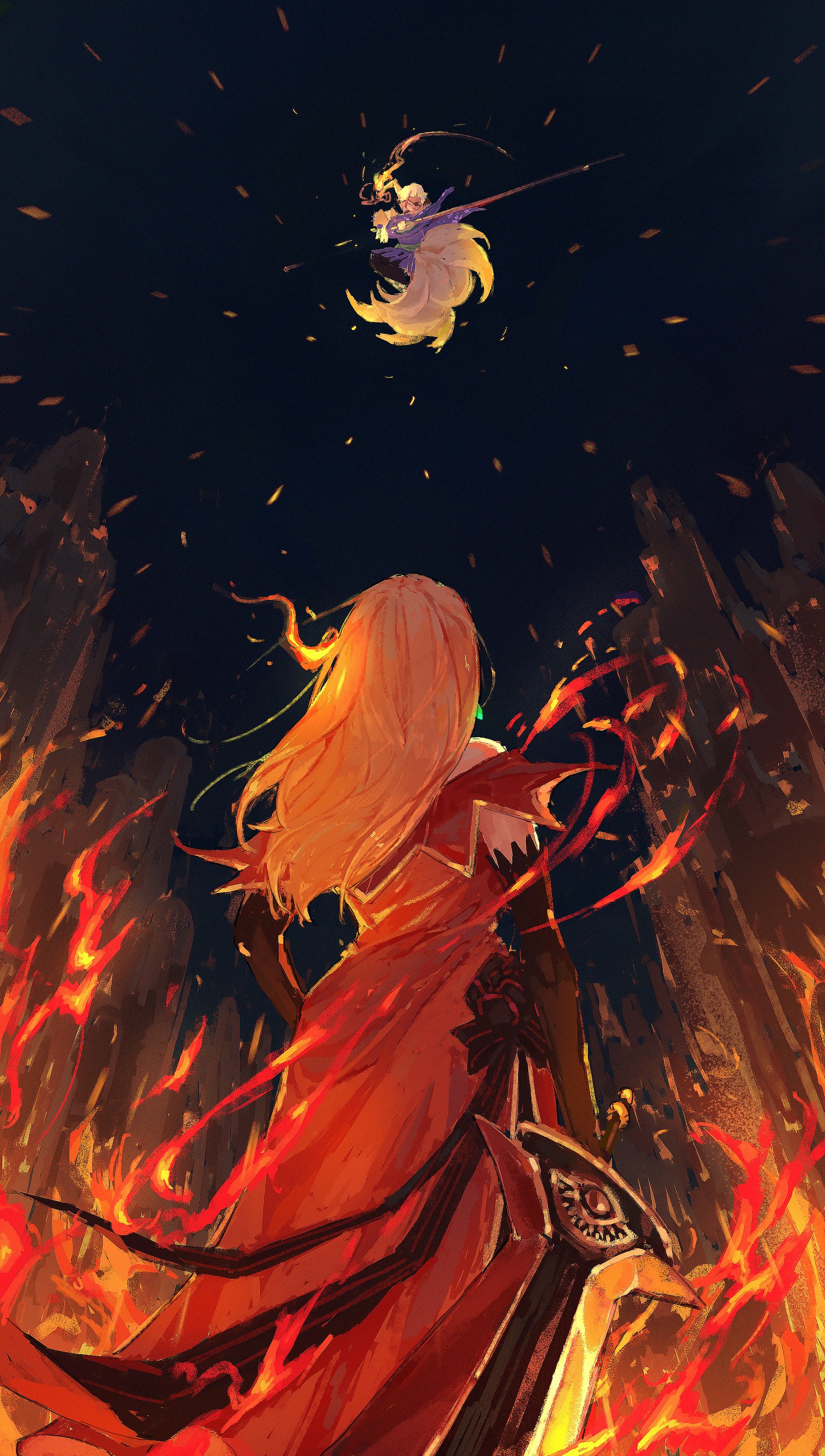 ro ka ro ka, priscilla barielle, re:zero kara hajimeru isekai seikatsu, absurdres, character request, highres, 1girl, back, battle, blonde hair, cloak, dark background, detached sleeves, fire, floating, holding, holding sword, holding weapon, long hair, looking up, sword, weapon