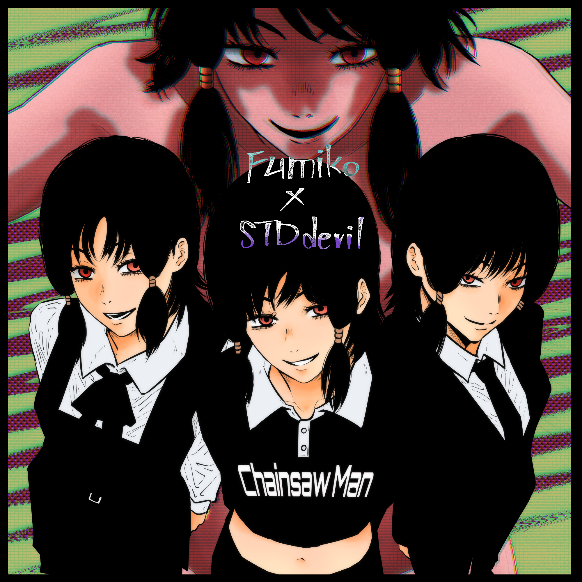 isuke (isuke now), mifune fumiko, chainsaw man, commentary request, highres, 4girls, black dress, black hair, black jacket, black pants, black shirt, clone, collared shirt, dress, formal clothes, fourth east high school uniform, jacket, looking at viewer, low-tied sidelocks, multiple girls, navel, orange eyes, pant suit, pants, pinafore dress, school uniform, shirt, sidelocks, sleeveless, sleeveless dress, suit, suit jacket, white shirt