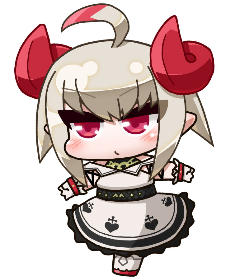 ikuwiron, makaino ririmu, makaino ririmu (1st costume), nijisanji, 1girl, ahoge, bare shoulders, belt, black undershirt, blush, bracelet, chibi, chibi only, cross, cross print, curled horns, demon horns, dress, dyed ahoge, frilled dress, frills, full body, gloves, grey hair, hair between eyes, heart, heart print, horns, jewelry, long dress, multicolored hair, off-shoulder dress, off shoulder, pixie cut, pointy ears, puckered lips, red eyes, red hair, red horns, red shoes, shirt under dress, shoes, short hair, sidelocks, solo, standing, standing on one leg, streaked hair, transparent background, v-shaped eyebrows, virtual youtuber, walking, white dress, white gloves, white shoes