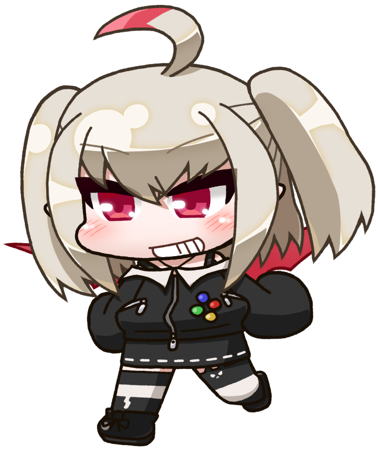 ikuwiron, makaino ririmu, makaino ririmu (2nd costume), nijisanji, 1girl, ahoge, badge, bare shoulders, black boots, black jacket, black skirt, black thighhighs, blush, boots, button badge, chibi, chibi only, demon wings, dyed ahoge, full body, grey hair, grin, hair between eyes, jacket, jewelry, medium hair, miniskirt, multicolored hair, necklace, off-shoulder jacket, off shoulder, pointy ears, red eyes, red hair, red wings, sidelocks, skirt, sleeves past fingers, sleeves past wrists, smile, solo, standing, standing on one leg, streaked hair, striped clothes, striped thighhighs, thighhighs, transparent background, twintails, v-shaped eyebrows, virtual youtuber, walking, white thighhighs, wings, zipper, zipper pull tab
