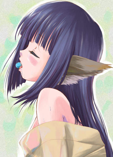q-gaku, yuzuha (utawarerumono), utawarerumono, 00s, 1girl, animal ears, blue hair, blush, breasts, closed eyes, female focus, flat chest, long hair, mouth hold, nipples, no bra, off shoulder, saliva, see-through clothes, sideboob, solo, sweat