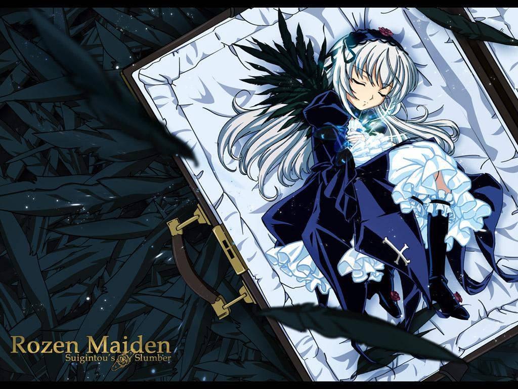 suigintou, rozen maiden, 00s, 1girl, black boots, black wings, boots, closed eyes, dress, feathers, female focus, hands on own chest, letterboxed, lolita fashion, long hair, sleeping, solo, two-tone dress, white hair, wings