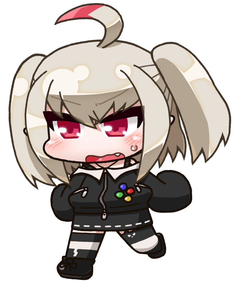 ikuwiron, makaino ririmu, makaino ririmu (2nd costume), nijisanji, 1girl, ahoge, badge, bare shoulders, black boots, black jacket, black skirt, black thighhighs, blush, boots, button badge, chibi, chibi only, dyed ahoge, full body, furrowed brow, grey hair, hair between eyes, jacket, jewelry, medium hair, miniskirt, multicolored hair, necklace, off-shoulder jacket, off shoulder, pointy ears, red eyes, red hair, sidelocks, skirt, sleeves past fingers, sleeves past wrists, solo, standing, standing on one leg, streaked hair, striped clothes, striped thighhighs, sweatdrop, thighhighs, transparent background, twintails, v-shaped eyebrows, virtual youtuber, walking, wavy mouth, white thighhighs, zipper, zipper pull tab