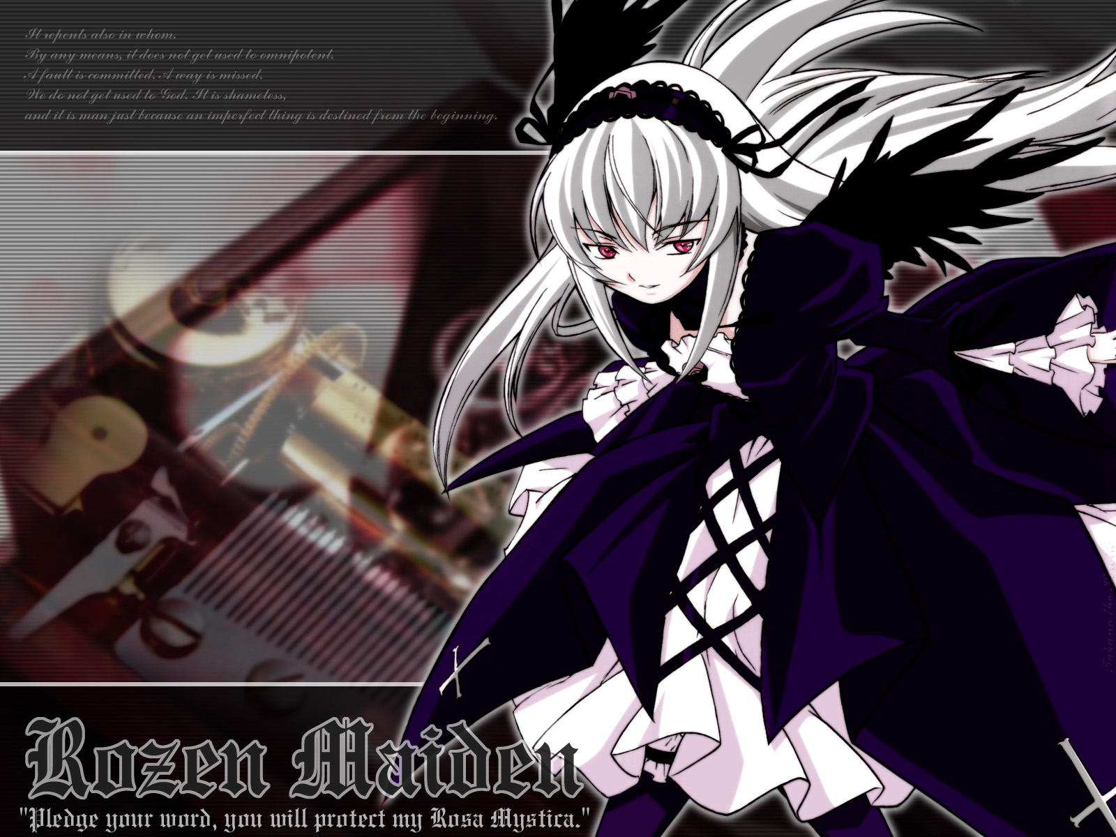 suigintou, rozen maiden, silver hair, highres, 00s, 1girl, colored skin, female focus, pale skin, pink eyes, solo, white skin, wings