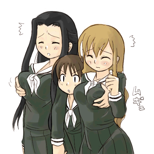fukuzawa yumi, hosokawa kanako, toudou shimako, maria-sama ga miteru, lowres, 00s, 3girls, black hair, blush, breasts, brown hair, grabbing another's breast, groping, long hair, multiple girls