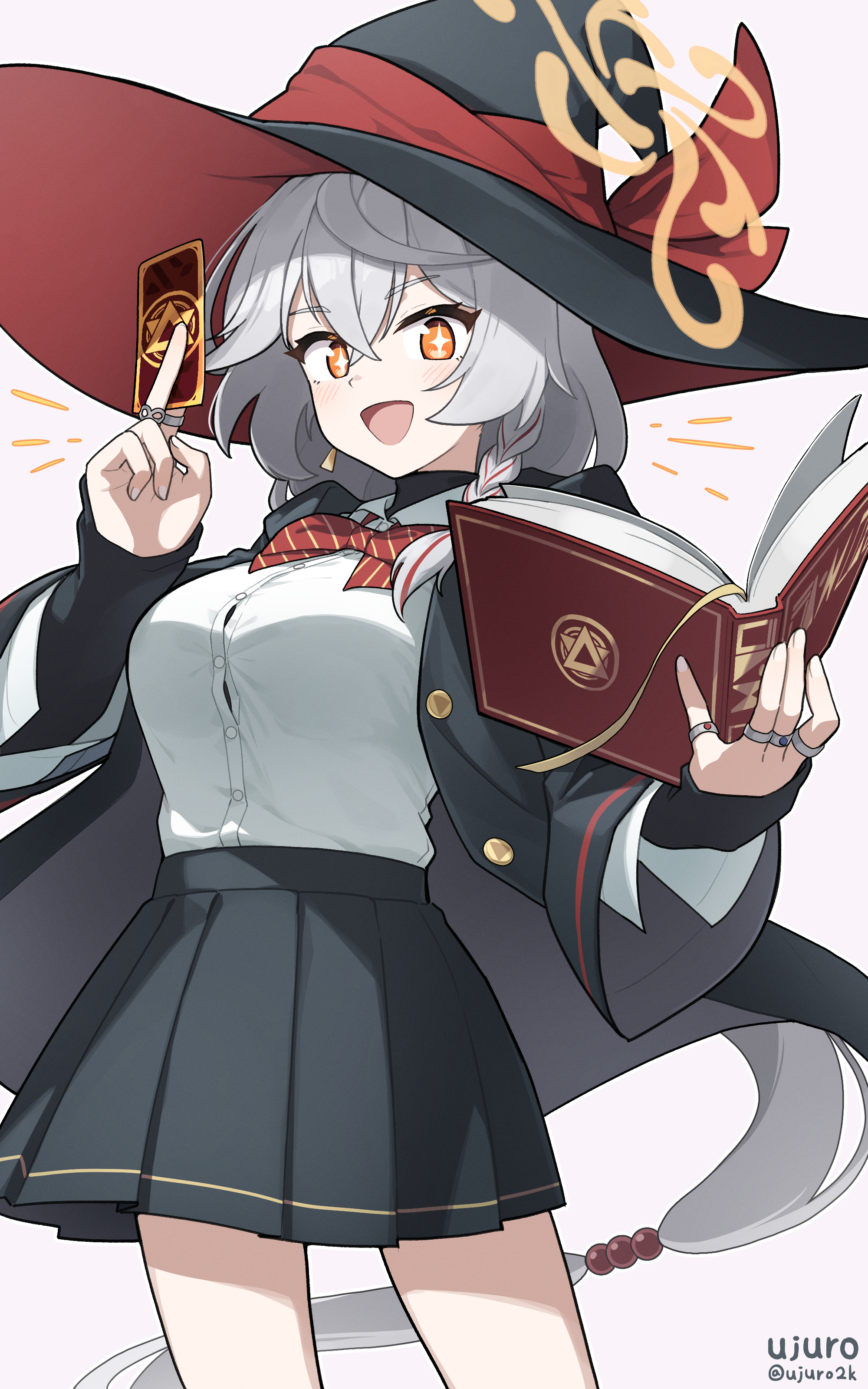 ujuro, eri (blue archive), blue archive, :d, book, bow, bowtie, braid, card, earrings, halo, hat, holding, holding book, holding card, jacket, jewelry, long coat, long hair, open mouth, orange eyes, ring, shirt, skirt, sleeves past wrists, smile, sparkling eyes, sweater, thighs, white hair, witch hat