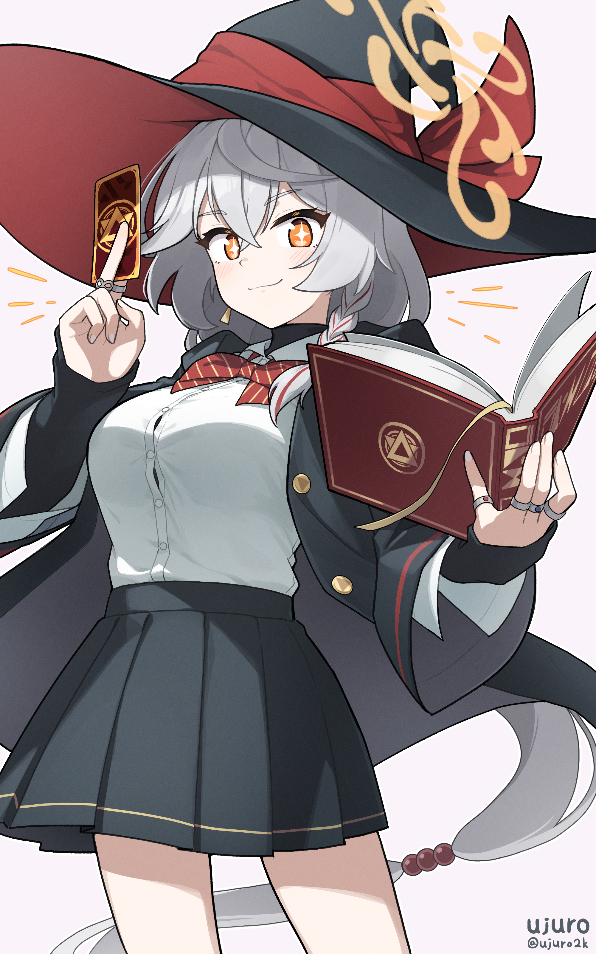 ujuro, eri (blue archive), blue archive, book, bow, bowtie, braid, card, earrings, halo, hat, holding, holding book, holding card, jacket, jewelry, long coat, long hair, orange eyes, ring, shirt, skirt, sleeves past wrists, smile, sparkling eyes, sweater, thighs, white hair, witch hat