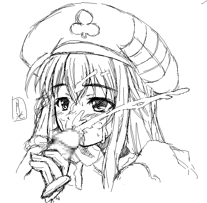 arin (pangya), pangya, 1girl, beret, censored, cum, ejaculation, fellatio, greyscale, hat, hetero, monochrome, mosaic censoring, oral, penis, solo focus