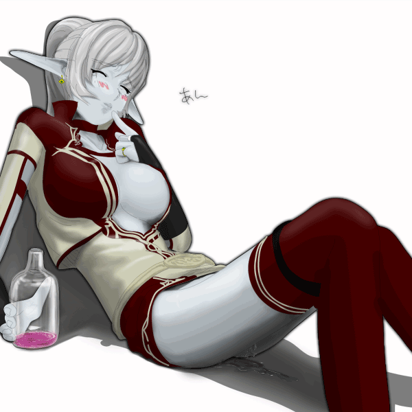 dark elf (lineage 2), lineage, lineage 2, artist request, 1girl, blue skin, blush, choker, colored skin, dark elf, drunk, elf, female focus, high collar, no panties, open clothes, open shirt, peeing, pointy ears, ponytail, pussy juice, shirt, solo, thighhighs