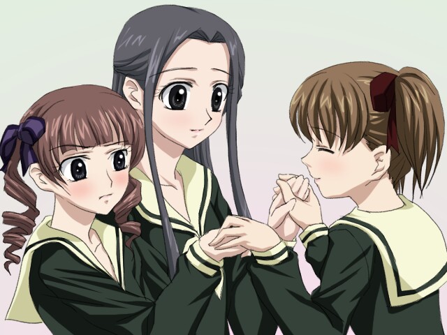 sanshita, fukuzawa yumi, hosokawa kanako, matsudaira touko, maria-sama ga miteru, 00s, 3girls, blush, brown hair, drill hair, half updo, holding hands, long hair, multiple girls, profile, school uniform, short hair, sidelocks, simple background, smile, twintails, very long hair