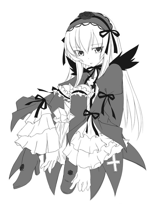 takami ryou, suigintou, rozen maiden, 00s, 1girl, female focus, greyscale, lolita fashion, monochrome, simple background, solo, white background, wings