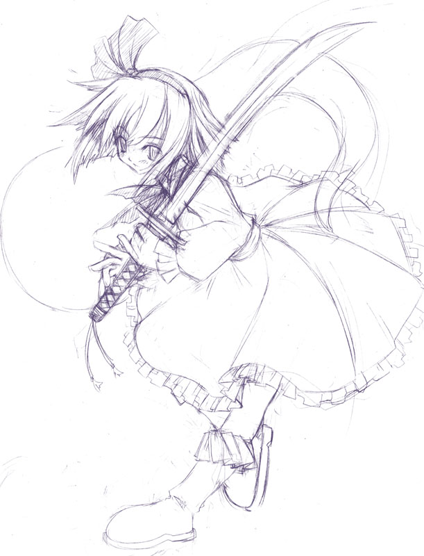 konpaku youmu, konpaku youmu (ghost), touhou, 1girl, boots, bow, bowtie, female focus, frilled skirt, frills, full body, greyscale, hair bow, hairband, hitodama, katana, looking at viewer, monochrome, purple theme, short hair, simple background, sketch, skirt, solo, straight hair, sword, walking, weapon, white background