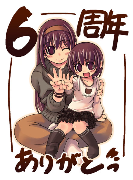 mil (xration), original, ragnarok online, 2girls, age difference, blush, child, hairband, kneehighs, long hair, multiple girls, one eye closed, purple eyes, purple hair, short hair, sitting, sitting on lap, sitting on person, size difference, skirt, smile, socks, wink