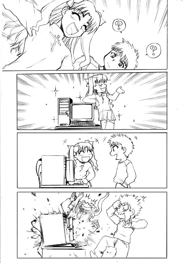 takadoya, emiya shirou, tohsaka rin, fate/stay night, fate (series), jpeg artifacts, 00s, 1boy, 1girl, 4koma, bow, chibi, comic, computer, computer keyboard, cross, explosion, failure, greyscale, hair bow, hair ribbon, happy, long hair, miniskirt, monochrome, ribbon, silent comic, skirt, smile, surprised, thighhighs, twintails, what, zettai ryouiki