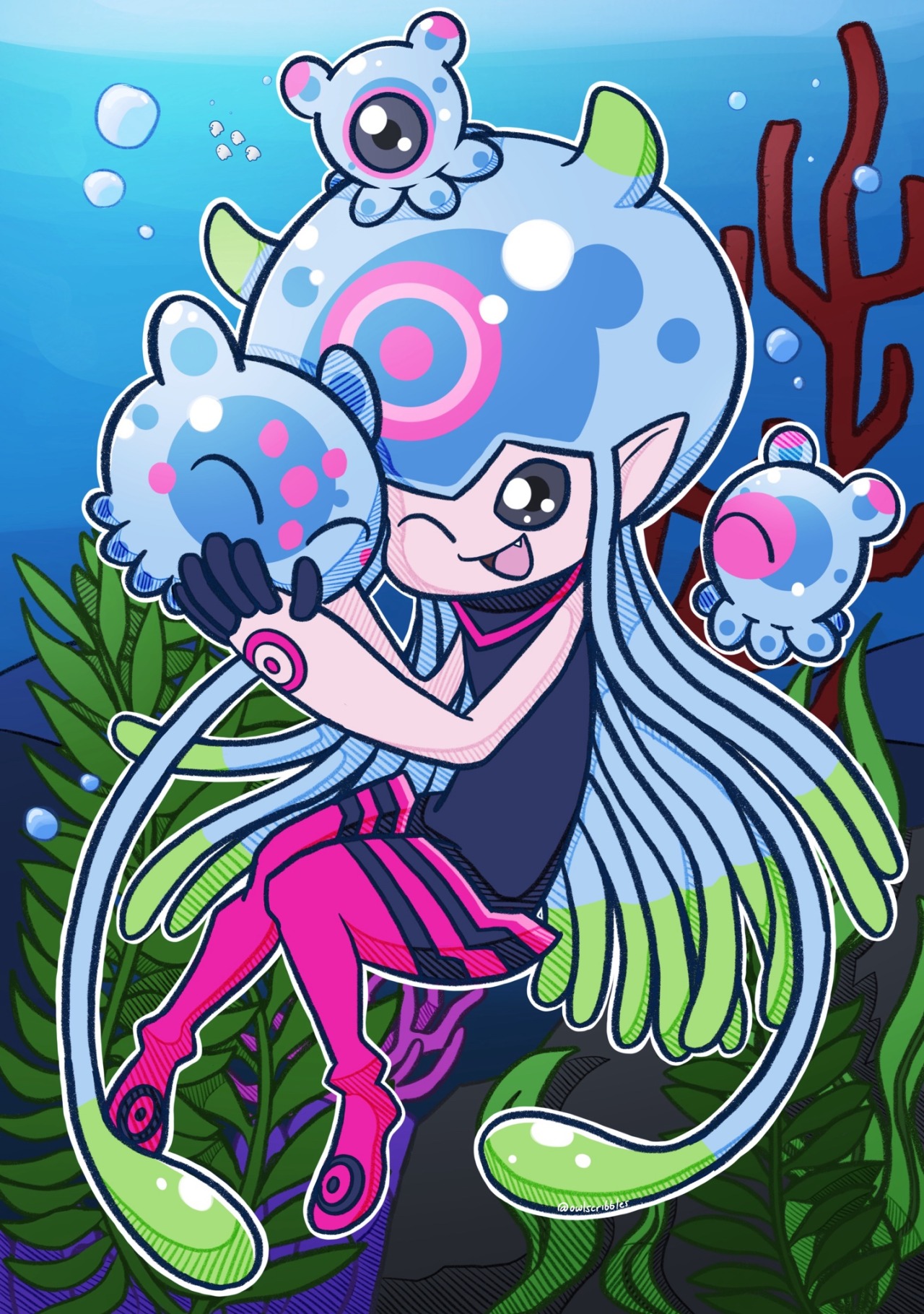 jellymon, puyomon, puyoyomon, digimon, digimon (creature), jellyfish girl, monster girl, owlscribbless, tentacle hair, tentacles
