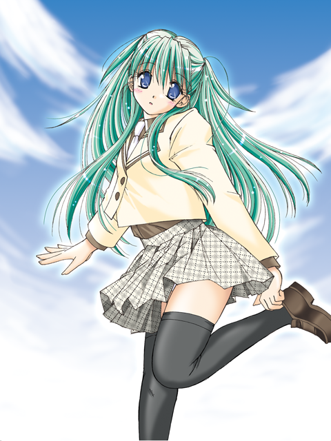 egaowomisete, alice carroll, aria (manga), original, 00s, 1girl, female focus, green hair, school uniform, solo, thighhighs, two side up