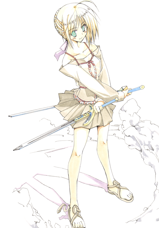 10mo, artoria pendragon (fate), saber (fate), fate/stay night, fate (series), 00s, 1girl, aqua eyes, bare shoulders, blonde hair, caliburn (fate), casual, dual wielding, excalibur (fate/stay night), female focus, holding, official alternate costume, sandals, skirt, solo, sword, weapon