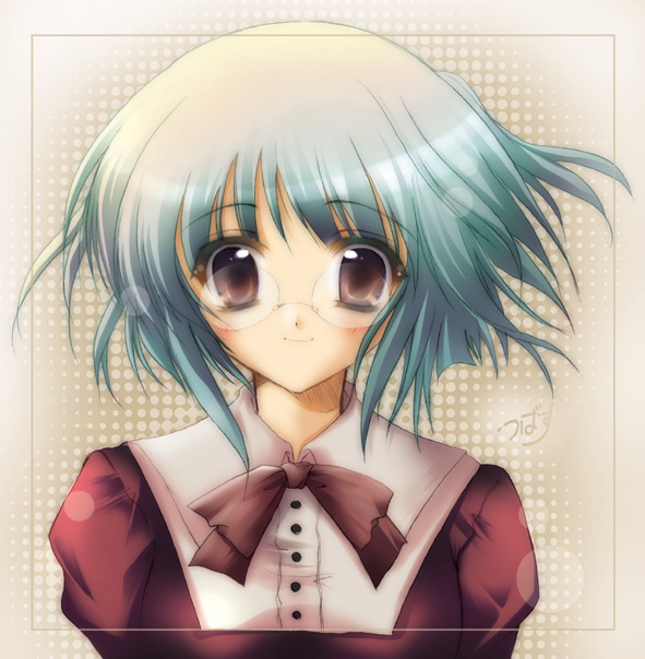 izumi tsubasu, original, 1girl, aqua hair, blush, brown eyes, buttons, collar, female focus, glasses, green hair, looking at viewer, red ribbon, red shirt, ribbon, rimless eyewear, shirt, simple background, smile, solo