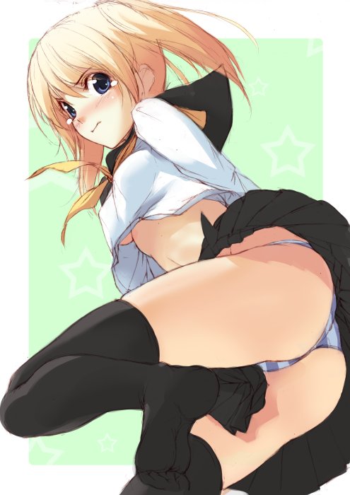 luna (reclaimed land), original, 1girl, angry, ass, black thighhighs, blonde hair, blue eyes, blue panties, blush, breasts, feet, female focus, frown, leg lift, legs, miniskirt, no bra, panties, pantyshot, pleated skirt, ribbon, school uniform, serafuku, short twintails, skirt, socks, soles, solo, striped clothes, striped panties, teardrop, tears, thighhighs, thighs, twintails, underboob, underwear, upshirt, upskirt, zettai ryouiki