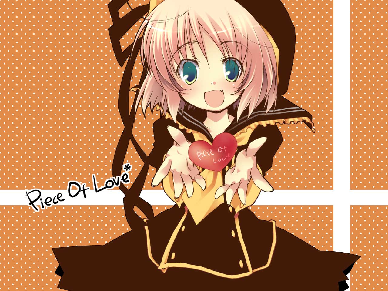 yano mirura, original, 1girl, ahoge, beret, bow, dress, english text, fang, female focus, green eyes, hat, heart, looking at viewer, pink hair, reaching, short hair, smile, solo