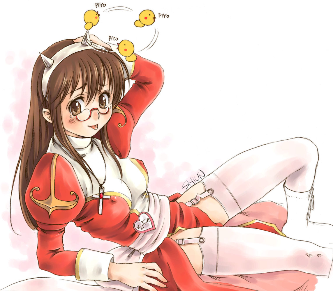 kuboshun, high priest (ragnarok online), ragnarok online, 1girl, arm support, blush, breasts, brown eyes, brown hair, covered erect nipples, cross, cross necklace, dress, embarrassed, female focus, garter belt, glasses, hand on own head, jewelry, lingerie, long hair, medium breasts, necklace, priestess, seven flavor spice, solo, thighhighs, tongue, tongue out, two-tone dress, underwear