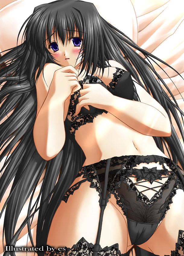 lace-trimmed legwear, 1girl, bed, black hair, black panties, black thighhighs, blue eyes, blush, bow, bow panties, bra, breasts, cameltoe, covered erect nipples, female focus, female pubic hair, garter belt, lace, lace-trimmed panties, lace trim, lingerie, long hair, lying, medium breasts, navel, on back, panties, pubic hair, pubic hair peek, solo, thighhighs, underwear, underwear only