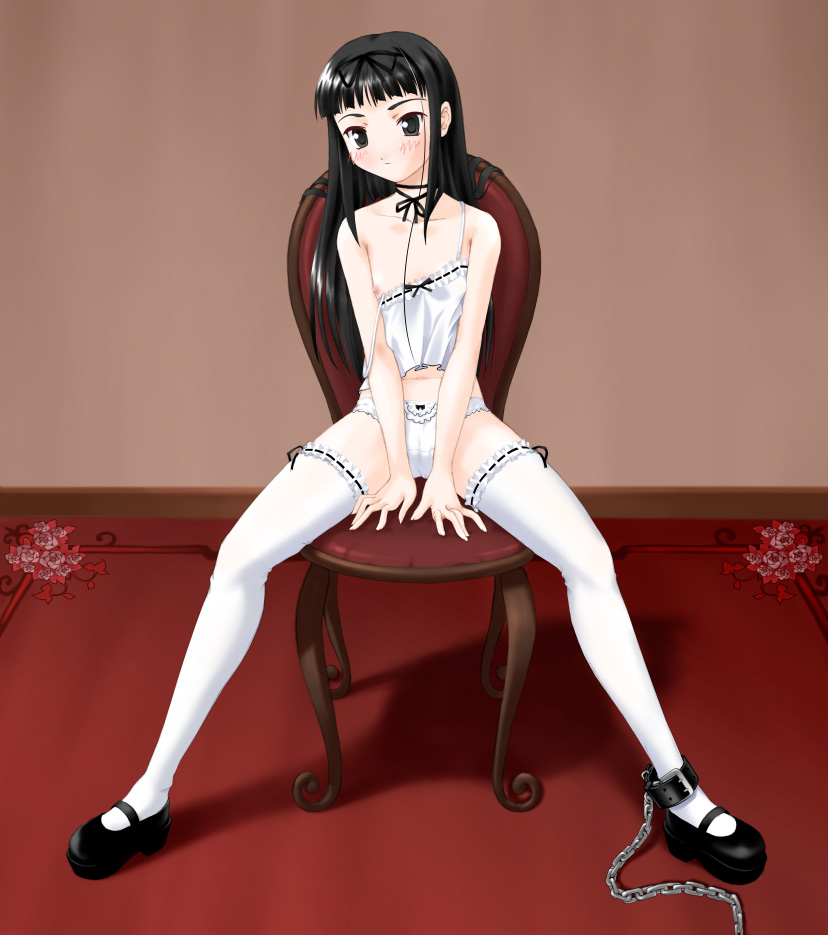 yousisi, copyright request, 1girl, bow, bow panties, chain, female focus, flat chest, lace, lace-trimmed panties, lace trim, lingerie, loli, mary janes, nipple slip, nipples, panties, shoes, solo, strap slip, thighhighs, underwear, underwear only, white panties, white theme, white thighhighs