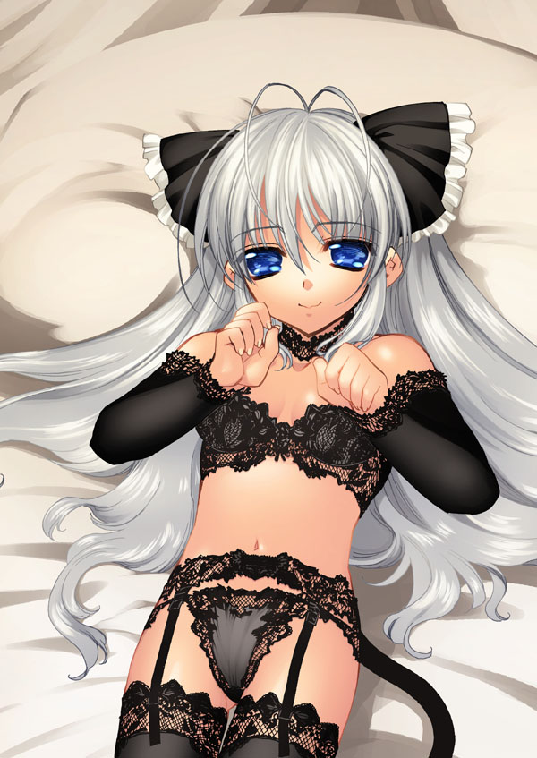 lace-trimmed legwear, silver hair, 1girl, animal ears, antenna hair, black bra, black panties, black thighhighs, blue eyes, bra, cat ears, cat tail, female focus, garter belt, lace, lace-trimmed bra, lace-trimmed panties, lace trim, lingerie, panties, solo, tail, thighhighs, underwear, underwear only