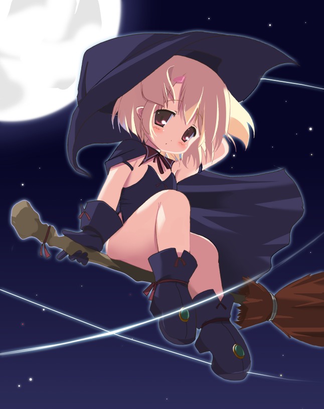 original, 1girl, blonde hair, blush, broom, broom riding, cape, female focus, full moon, gloves, hat, loli, moon, night, night sky, sky, solo, witch, witch hat