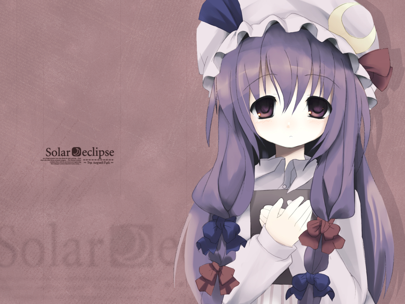 shiro (octet), patchouli knowledge, touhou, highres, 1girl, book, bow, coat, crescent, dress, female focus, front ponytail, hair bow, hands on own chest, hat, long hair, looking at viewer, own hands together, purple background, purple dress, purple eyes, solo, standing, very long hair