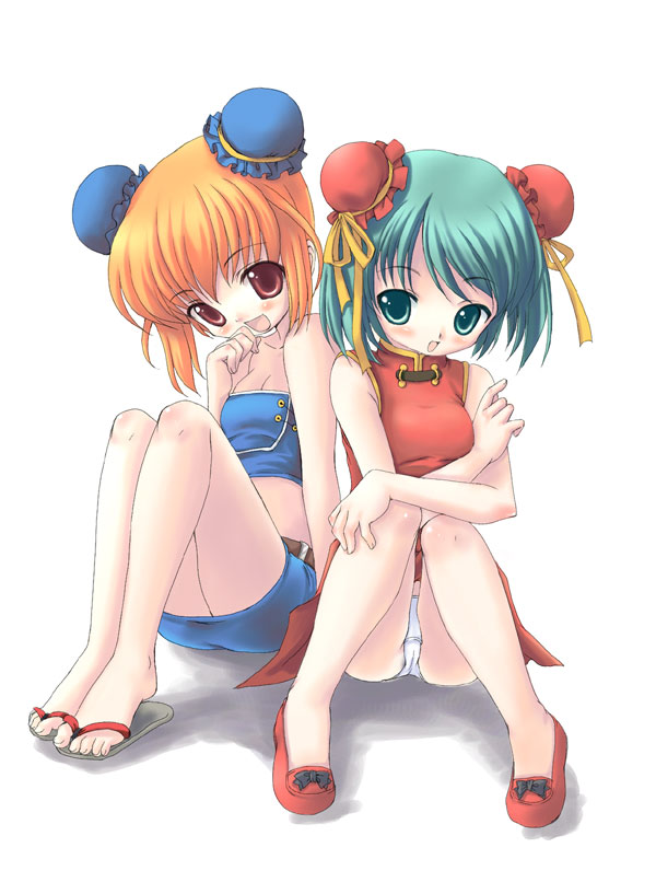 bun cover, china dress, chinese clothes, dress, flats, green eyes, green hair, loli, orange hair, red eyes, sandals, skirt