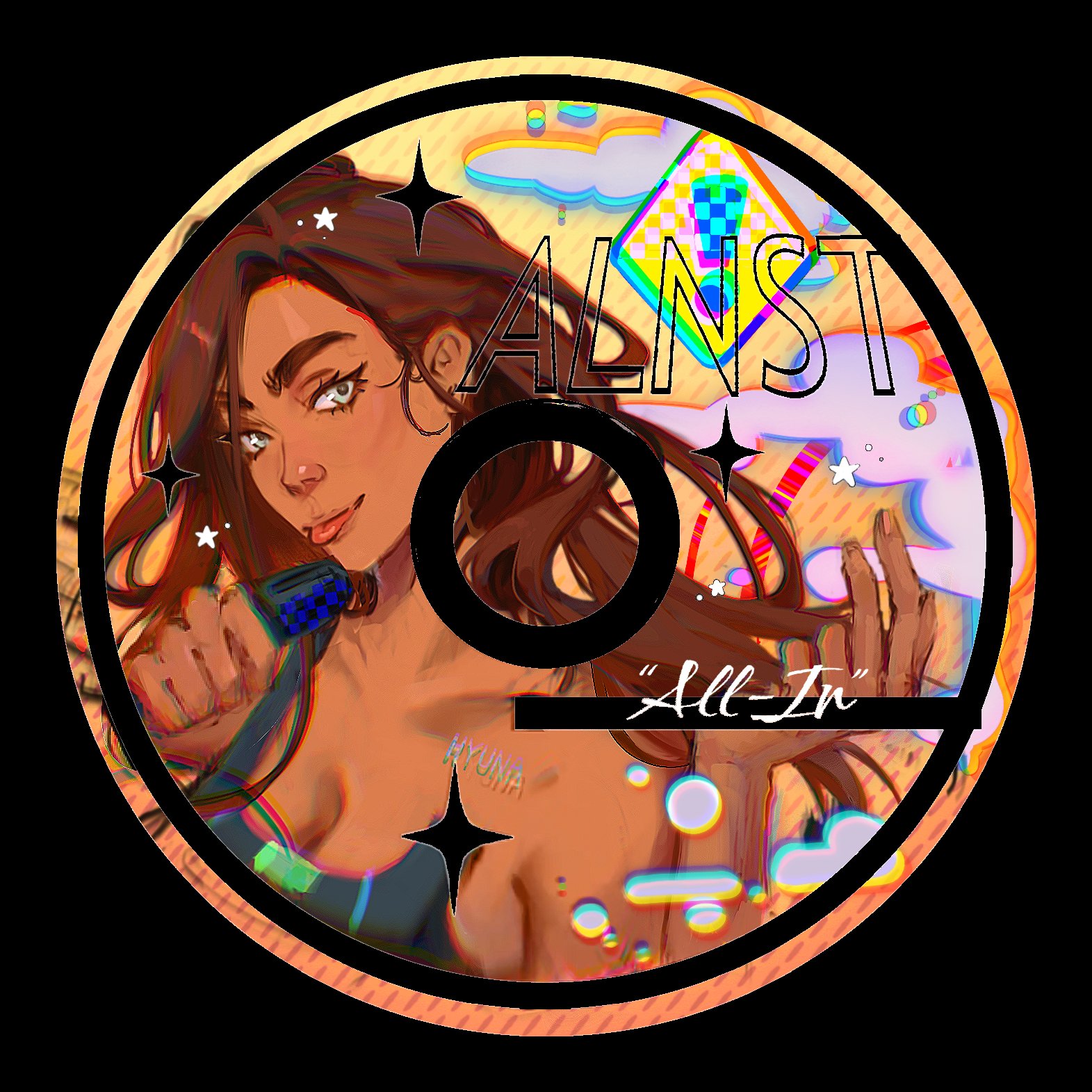 hyuna (alien stage), alien stage, commentary, hashtag-only commentary, highres, akinikaww, brown hair, cd, chest tattoo, copyright name, dark-skinned female, dark skin, english text, grey eyes, holding, holding microphone, long hair, microphone, solo, song name, tattoo