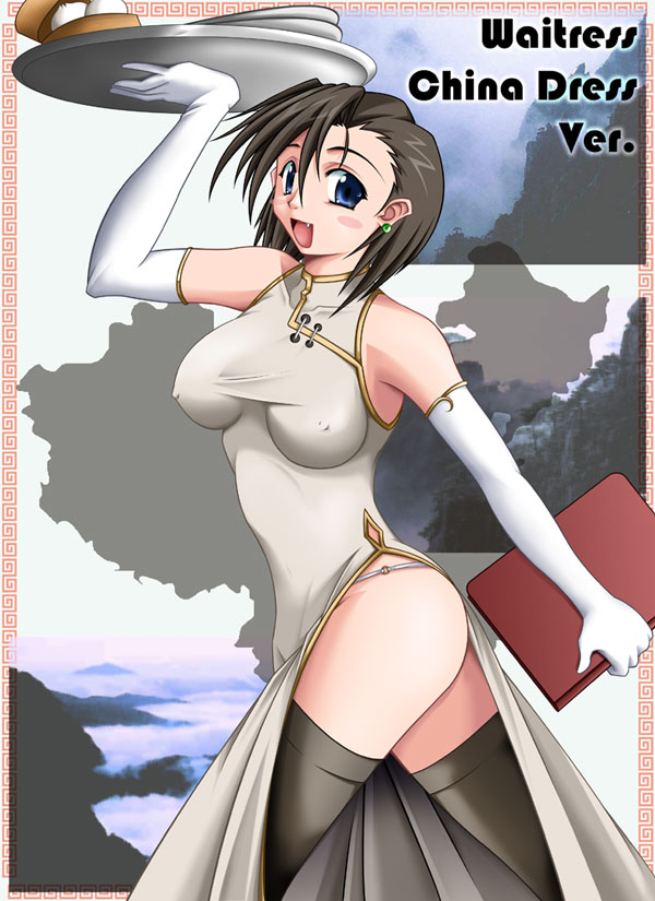 1girl, :d, armpits, ass, bamboo steamer, bare shoulders, black hair, black thighhighs, blue eyes, blush stickers, border, breasts, breasts apart, china dress, chinese clothes, clothing cutout, covered collarbone, covered erect nipples, covered navel, cowboy shot, dress, earrings, elbow gloves, english text, female focus, food, from side, gloves, grey dress, hair between eyes, halterneck, hand up, happy, hip vent, holding, holding tray, impossible clothes, impossible dress, jewelry, large breasts, legs apart, looking at viewer, looking back, menu, no bra, open mouth, panties, photo background, plate, short hair, side slit, sleeveless, sleeveless dress, smile, solo, steamed bun, string panties, taut clothes, thighhighs, tray, turtleneck, underwear, waitress, walking, white gloves, white panties